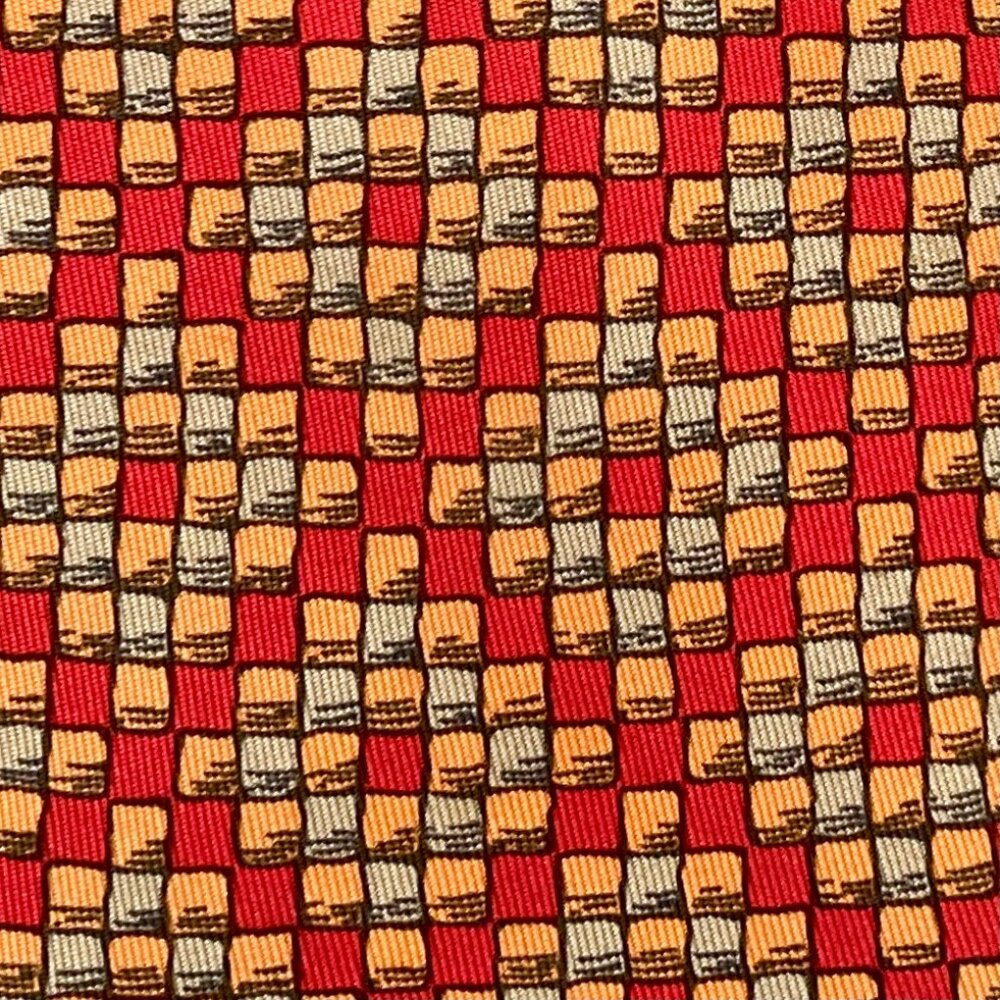 100% REAL HERMES TIE ~ RED ORANGE & TAN MODERN 3D BLOCKS CUBES GRID